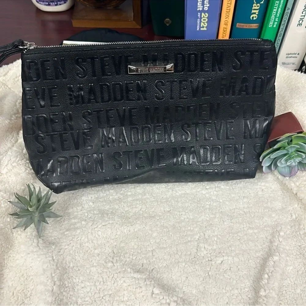 Steve Madden Logo Faux Leather Black Large Wristlet Clutch